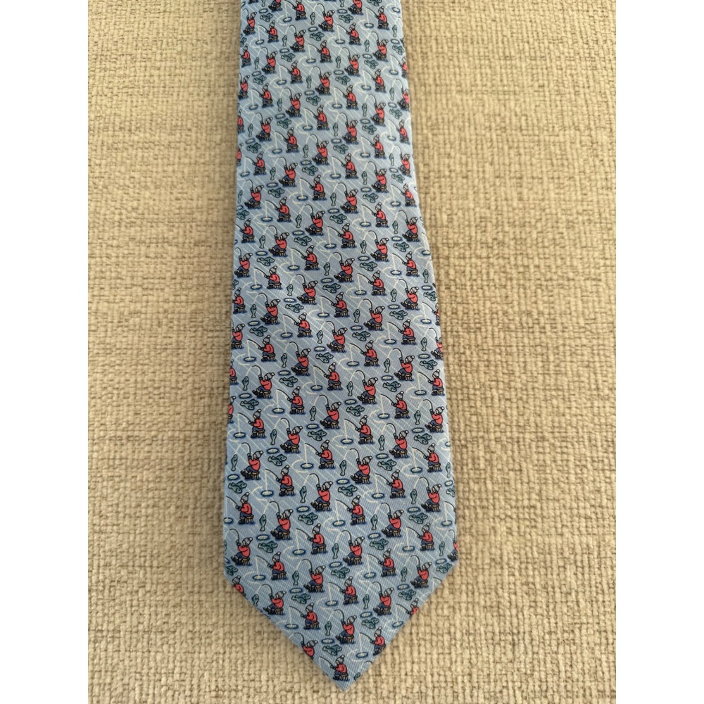 Vineyard Vines Men's Silk Tie Ice Fishing Blue 3.5" Classic Nautical Preppy USA